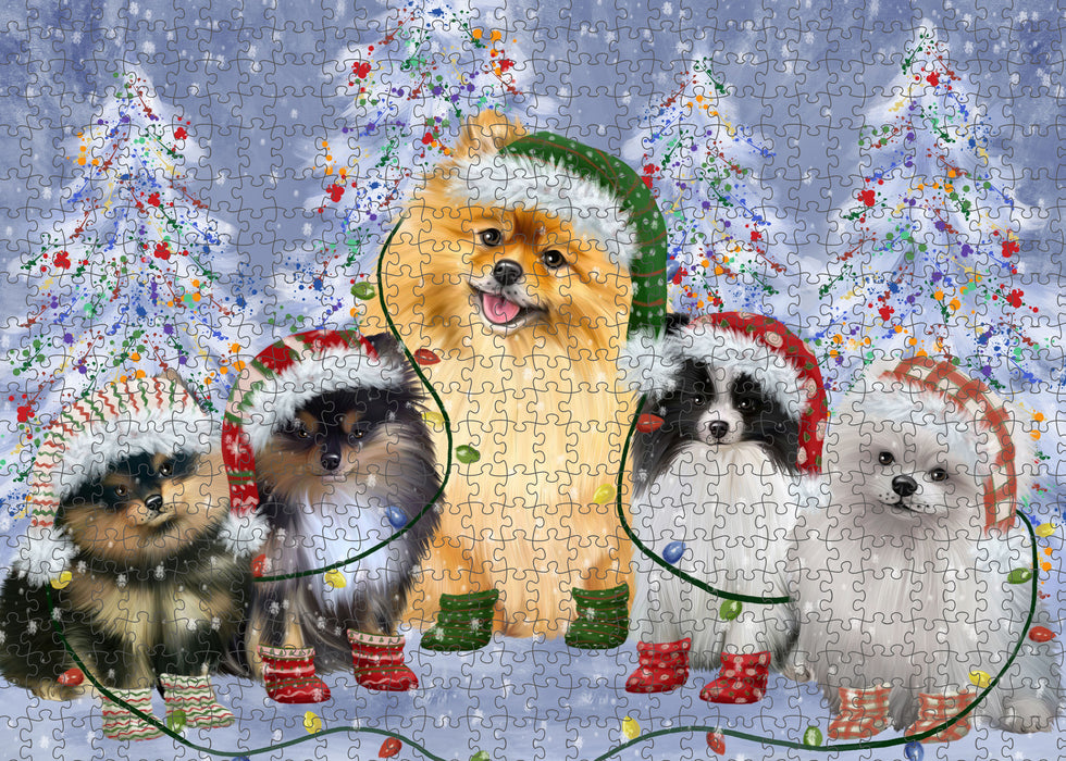 Christmas Lights and Pomeranian Dogs Portrait Jigsaw Puzzle for Adults Animal Interlocking Puzzle Game Unique Gift for Dog Lover's with Metal Tin Box