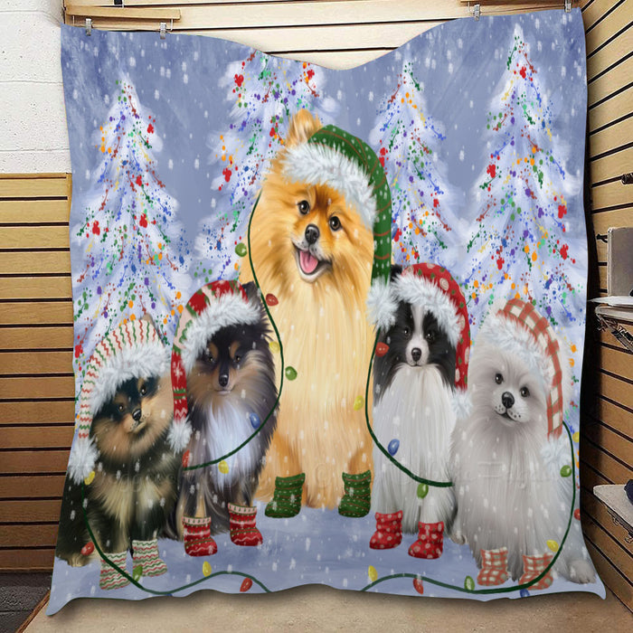 Christmas Lights and Pomeranian Dogs  Quilt Bed Coverlet Bedspread - Pets Comforter Unique One-side Animal Printing - Soft Lightweight Durable Washable Polyester Quilt