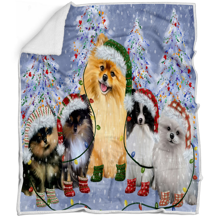 Christmas Lights and Pomeranian Dogs Blanket - Lightweight Soft Cozy and Durable Bed Blanket - Animal Theme Fuzzy Blanket for Sofa Couch