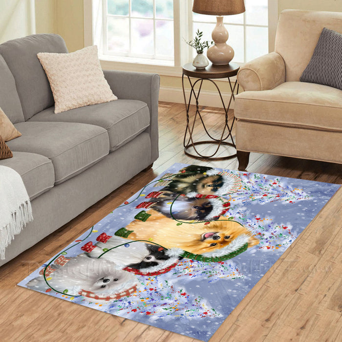 Christmas Lights and Pomeranian Dogs Area Rug - Ultra Soft Cute Pet Printed Unique Style Floor Living Room Carpet Decorative Rug for Indoor Gift for Pet Lovers