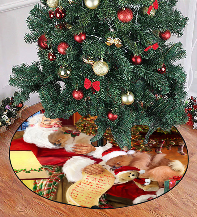 Santa Sleeping with Pomeranian Dogs Christmas Tree Skirt