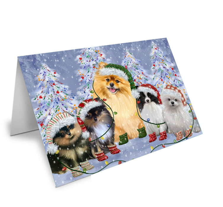 Christmas Lights and Pomeranian Dogs Handmade Artwork Assorted Pets Greeting Cards and Note Cards with Envelopes for All Occasions and Holiday Seasons