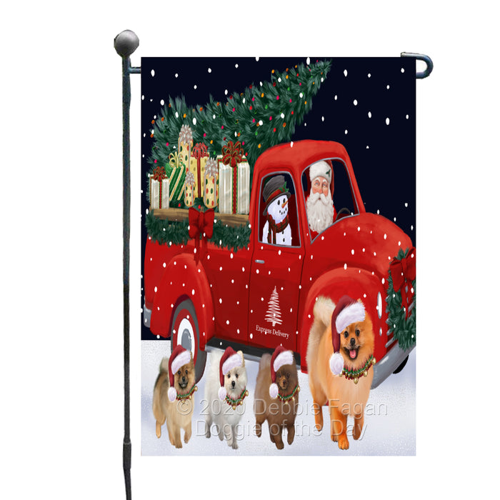 Christmas Express Delivery Red Truck Running Pomeranian Dogs Garden Flag GFLG66484