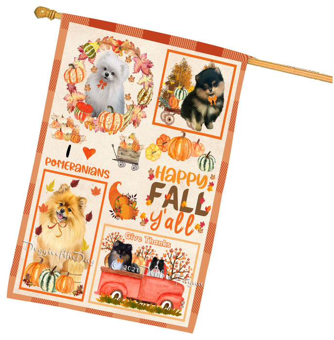 Happy Fall Y'all Pumpkin Pomeranian Dogs House Flag Outdoor Decorative Double Sided Pet Portrait Weather Resistant Premium Quality Animal Printed Home Decorative Flags 100% Polyester