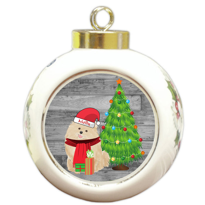 Custom Personalized Pomeranian Dog With Tree and Presents Christmas Round Ball Ornament