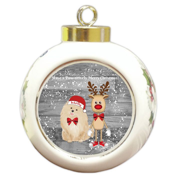 Custom Personalized Pomeranian Dog Reindeer and Pooch Christmas Round Ball Ornament