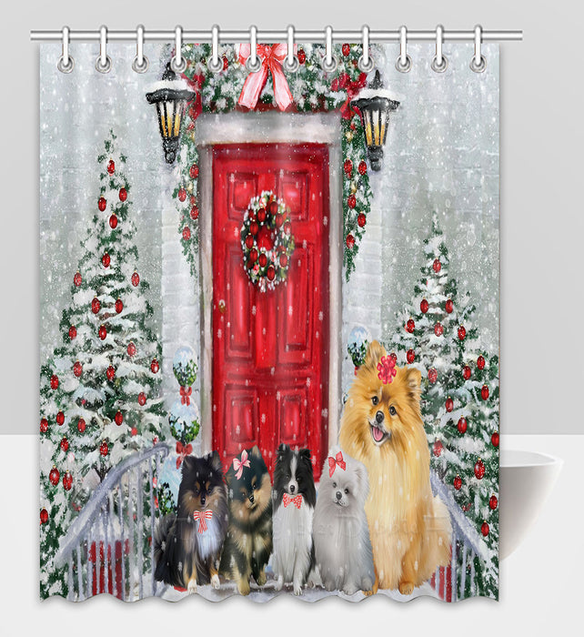 Christmas Holiday Welcome Pomeranian Dogs Shower Curtain Pet Painting Bathtub Curtain Waterproof Polyester One-Side Printing Decor Bath Tub Curtain for Bathroom with Hooks