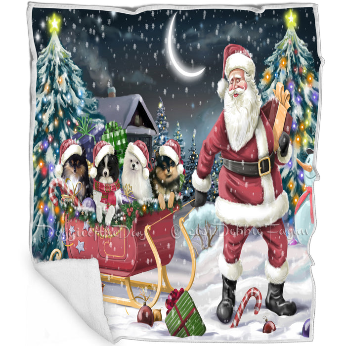 Merry Christmas Happy Holiday Santa Sled Pomeranians Dogs Blanket D283