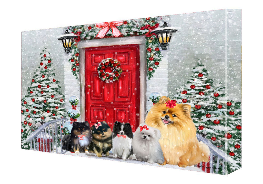 Christmas Holiday Welcome Pomeranian Dogs Canvas Wall Art - Premium Quality Ready to Hang Room Decor Wall Art Canvas - Unique Animal Printed Digital Painting for Decoration