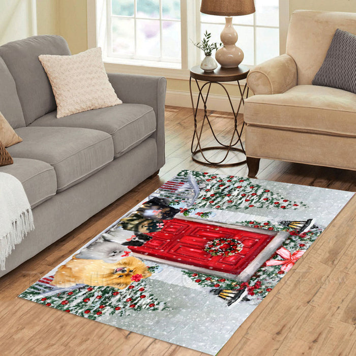 Christmas Holiday Welcome Pomeranian Dogs Area Rug - Ultra Soft Cute Pet Printed Unique Style Floor Living Room Carpet Decorative Rug for Indoor Gift for Pet Lovers