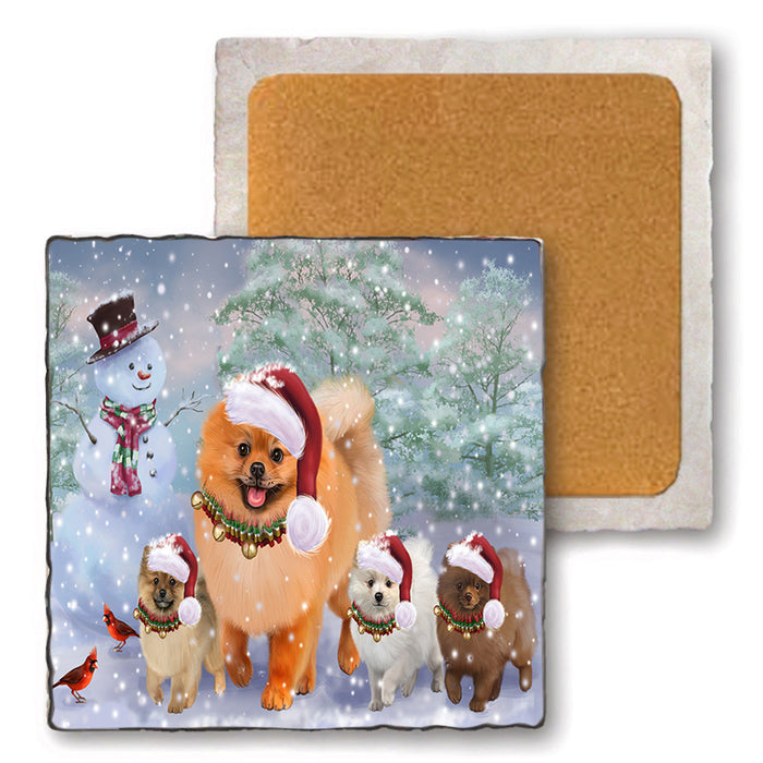 Christmas Running Family Pomeranian Dogs Set of 4 Natural Stone Marble Tile Coasters MCST52135