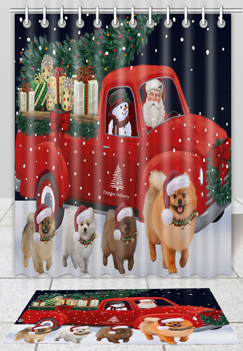 Christmas Express Delivery Red Truck Running Pomeranian Dogs Bath Mat and Shower Curtain Combo