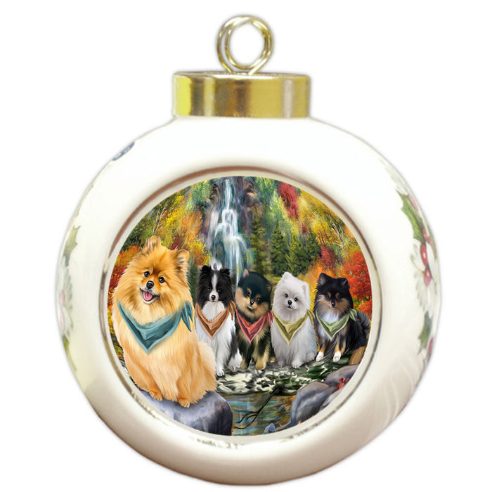 Scenic Waterfall Pomeranians Dog Round Ball Christmas Ornament RBPOR49504