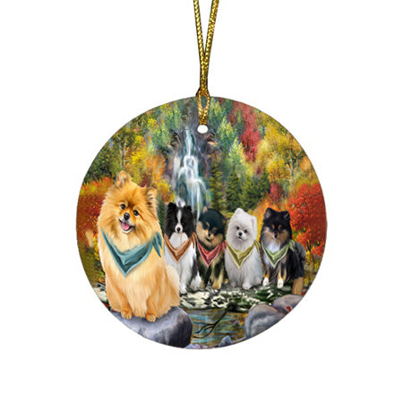 Scenic Waterfall Pomeranians Dog Round Flat Christmas Ornament RFPOR49495