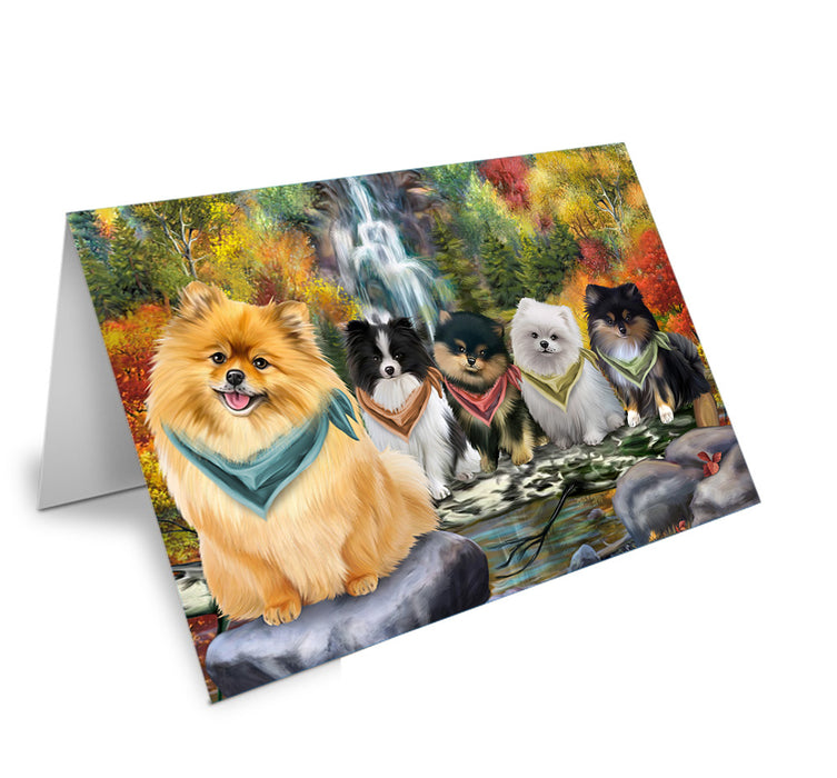 Scenic Waterfall Pomeranians Dog Handmade Artwork Assorted Pets Greeting Cards and Note Cards with Envelopes for All Occasions and Holiday Seasons GCD52439