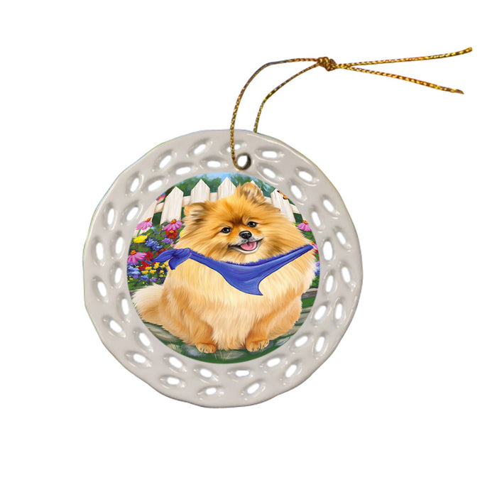 Spring Floral Pomeranian Dog Ceramic Doily Ornament DPOR50200