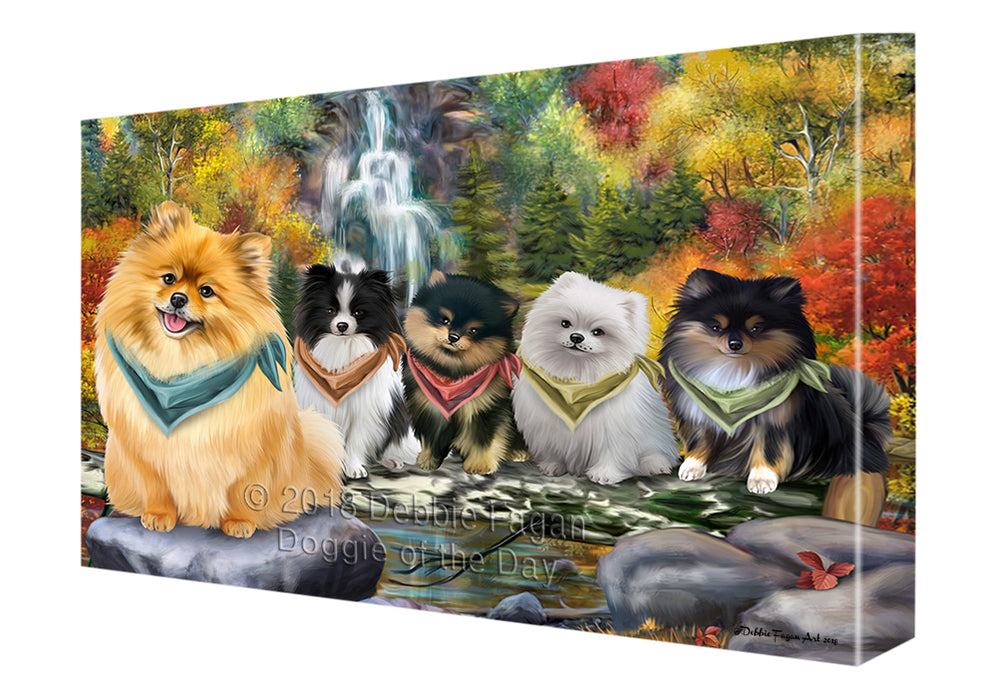 Scenic Waterfall Pomeranians Dog Canvas Wall Art CVS60843
