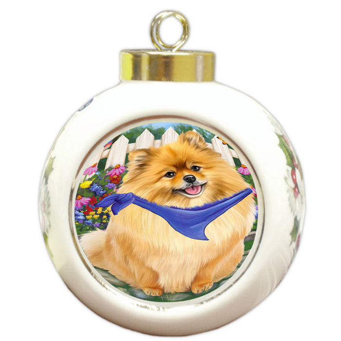 Spring Floral Pomeranian Dog Round Ball Christmas Ornament RBPOR50200