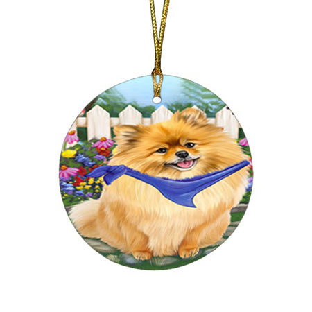 Spring Floral Pomeranian Dog Round Flat Christmas Ornament RFPOR50191