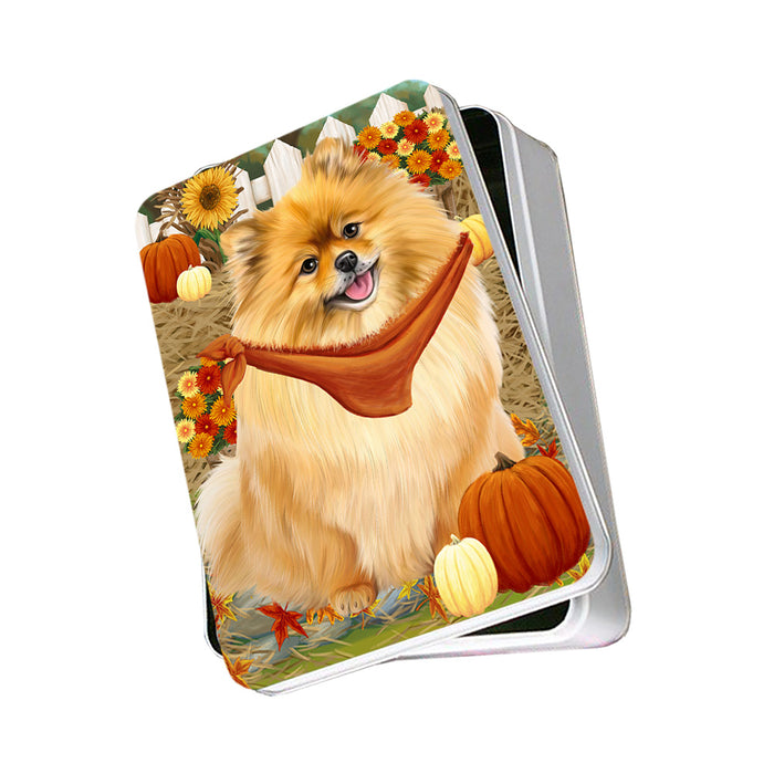 Fall Autumn Greeting Pomeranian Dog with Pumpkins Photo Storage Tin PITN50826