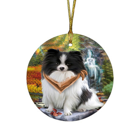 Scenic Waterfall Pomeranian Dog Round Flat Christmas Ornament RFPOR49496