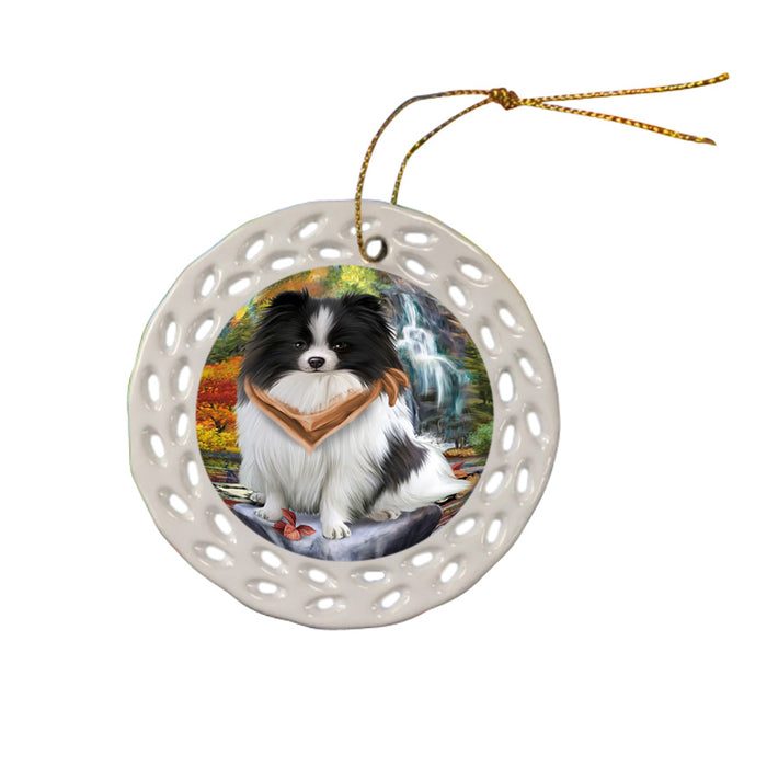 Scenic Waterfall Pomeranian Dog Ceramic Doily Ornament DPOR49505