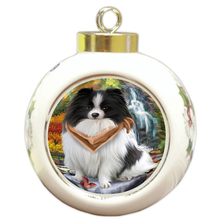 Scenic Waterfall Pomeranian Dog Round Ball Christmas Ornament RBPOR49505