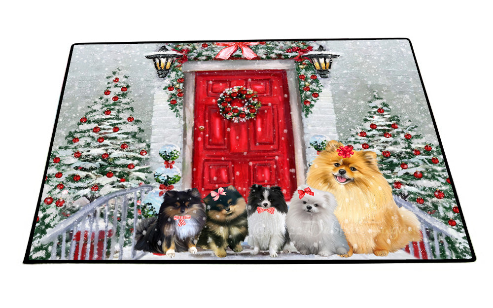 Christmas Holiday Welcome Pomeranian Dogs Floor Mat- Anti-Slip Pet Door Mat Indoor Outdoor Front Rug Mats for Home Outside Entrance Pets Portrait Unique Rug Washable Premium Quality Mat