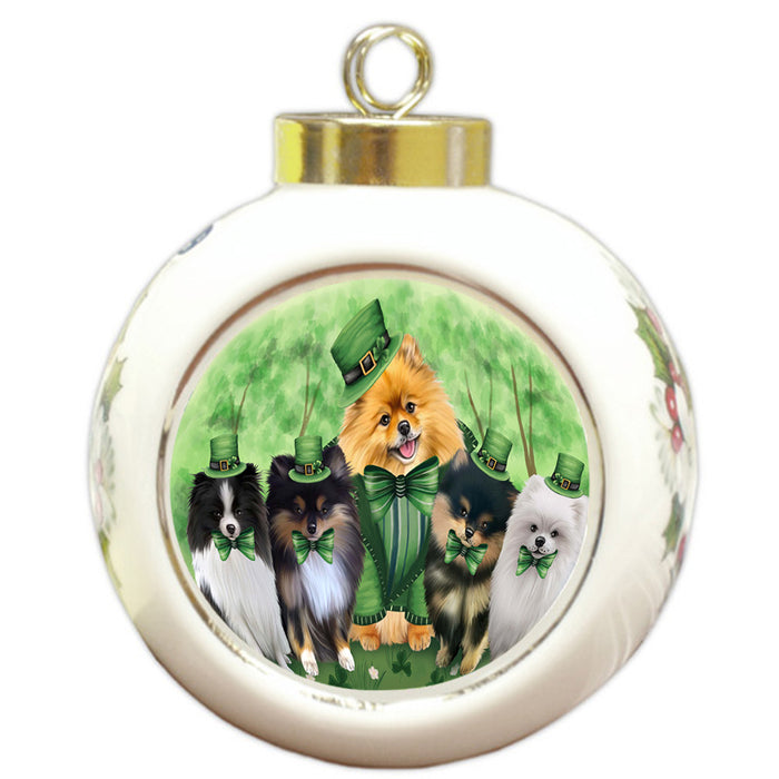 St. Patricks Day Irish Family Portrait Pomeranians Dog Round Ball Christmas Ornament RBPOR49348