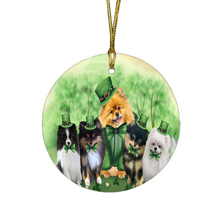 St. Patricks Day Irish Family Portrait Pomeranians Dog Round Flat Christmas Ornament RFPOR49339