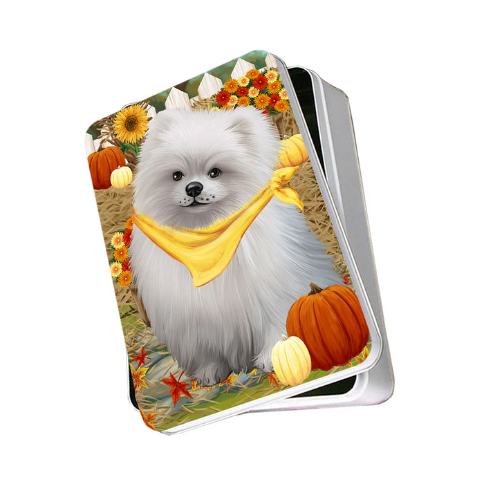 Fall Autumn Greeting Pomeranian Dog with Pumpkins Photo Storage Tin PITN50827