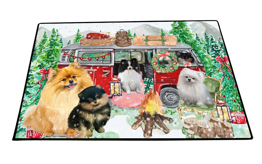 Christmas Time Camping with Pomeranian Dogs Floor Mat- Anti-Slip Pet Door Mat Indoor Outdoor Front Rug Mats for Home Outside Entrance Pets Portrait Unique Rug Washable Premium Quality Mat