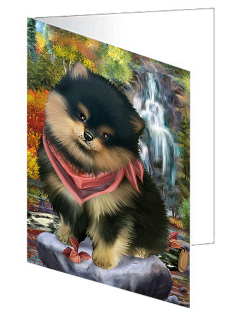 Scenic Waterfall Pomeranian Dog Handmade Artwork Assorted Pets Greeting Cards and Note Cards with Envelopes for All Occasions and Holiday Seasons GCD52445