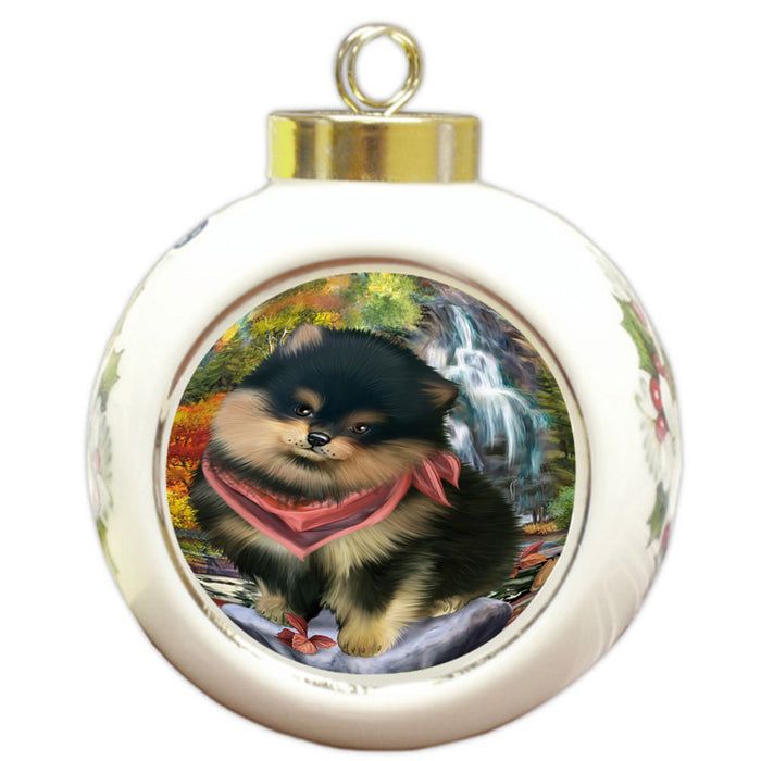 Scenic Waterfall Pomeranian Dog Round Ball Christmas Ornament RBPOR49506