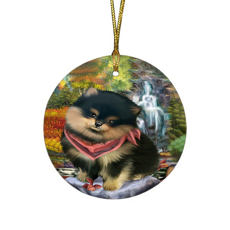 Scenic Waterfall Pomeranian Dog Round Flat Christmas Ornament RFPOR49497