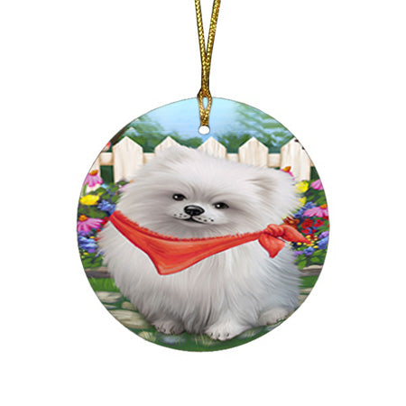 Spring Floral Pomeranian Dog Round Flat Christmas Ornament RFPOR50193