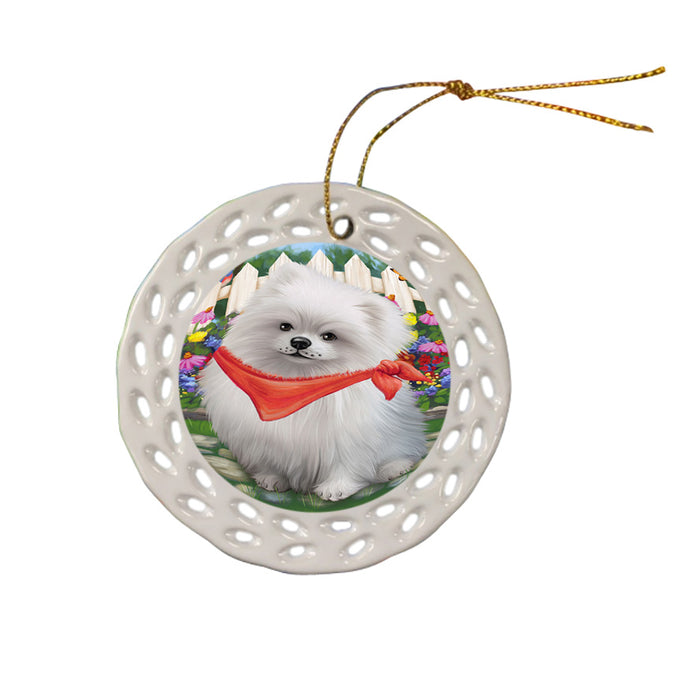Spring Floral Pomeranian Dog Ceramic Doily Ornament DPOR50202