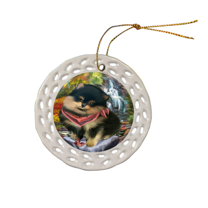 Scenic Waterfall Pomeranian Dog Ceramic Doily Ornament DPOR49506