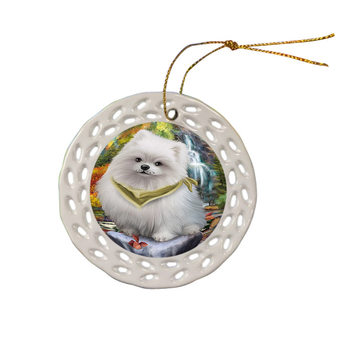 Scenic Waterfall Pomeranian Dog Ceramic Doily Ornament DPOR49507
