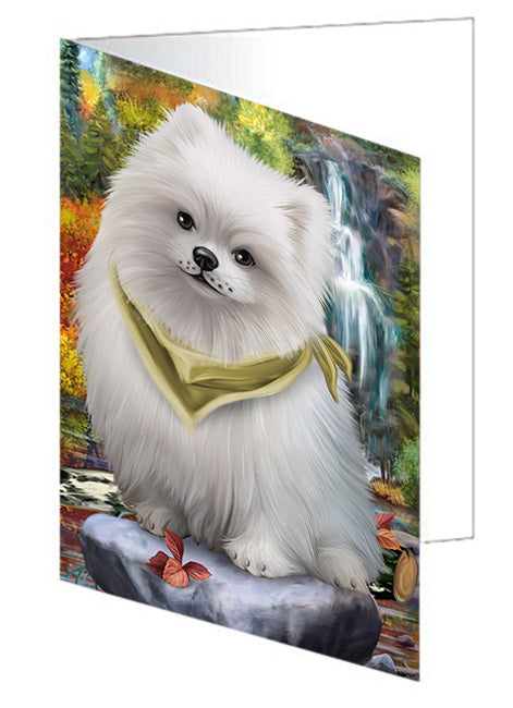 Scenic Waterfall Pomeranian Dog Handmade Artwork Assorted Pets Greeting Cards and Note Cards with Envelopes for All Occasions and Holiday Seasons GCD52448