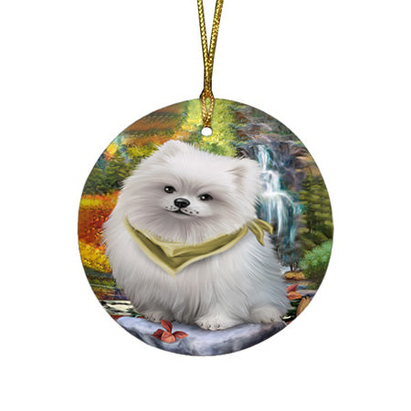 Scenic Waterfall Pomeranian Dog Round Flat Christmas Ornament RFPOR49498