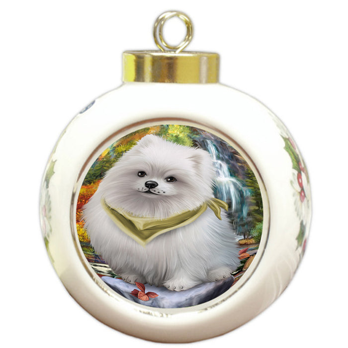 Scenic Waterfall Pomeranian Dog Round Ball Christmas Ornament RBPOR49507