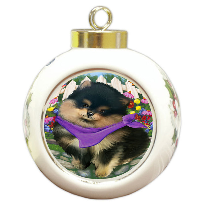 Spring Floral Pomeranian Dog Round Ball Christmas Ornament RBPOR50203