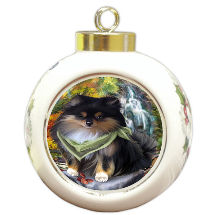 Scenic Waterfall Pomeranian Dog Round Ball Christmas Ornament RBPOR49508