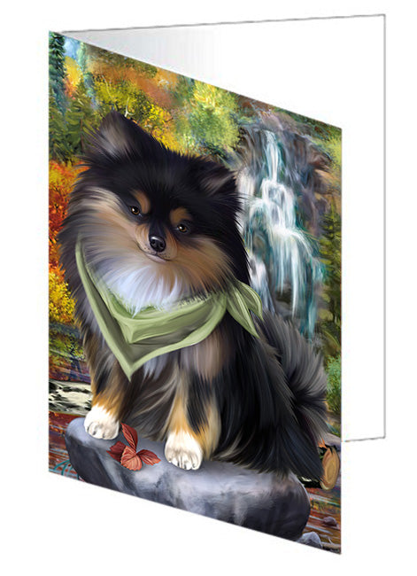 Scenic Waterfall Pomeranian Dog Handmade Artwork Assorted Pets Greeting Cards and Note Cards with Envelopes for All Occasions and Holiday Seasons GCD52451