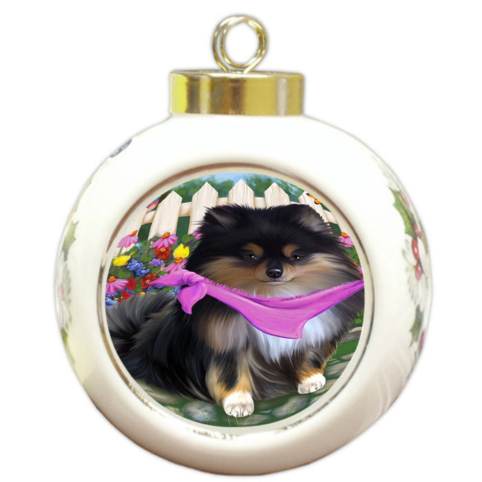 Spring Floral Pomeranian Dog Round Ball Christmas Ornament RBPOR50204