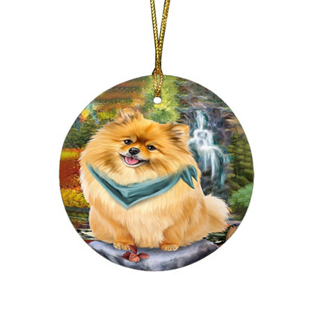 Scenic Waterfall Pomeranian Dog Round Flat Christmas Ornament RFPOR49500