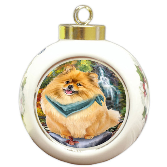Scenic Waterfall Pomeranian Dog Round Ball Christmas Ornament RBPOR49509