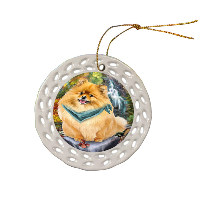 Scenic Waterfall Pomeranian Dog Ceramic Doily Ornament DPOR49509