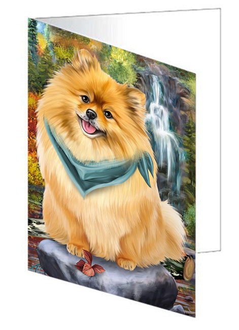 Scenic Waterfall Pomeranian Dog Handmade Artwork Assorted Pets Greeting Cards and Note Cards with Envelopes for All Occasions and Holiday Seasons GCD52454